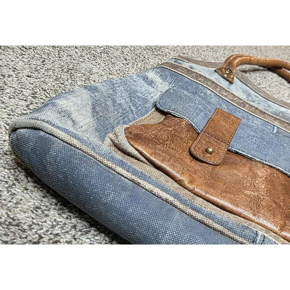 Mona B Collins Tote Bag Distressed Leather Denim Rustic Purse Handbag - Picture 2 of 14